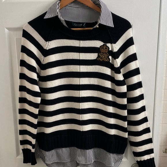 Ralph Lauren Sweaters - Ralph Lauren Polo Black & Cream Striped Layered Bullion Patched Sweater Size PL